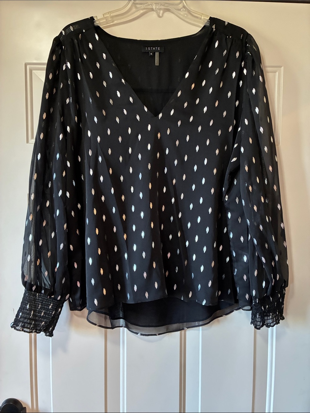 XL 1 State Brand Black Sheer V-Neck Blouse Shimmery Silver Dots - Smock Sleeves